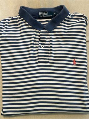 Polo Ralph Lauren Shirt Mens XL Blue White Striped Short Sleeve Cotton Pink Pony